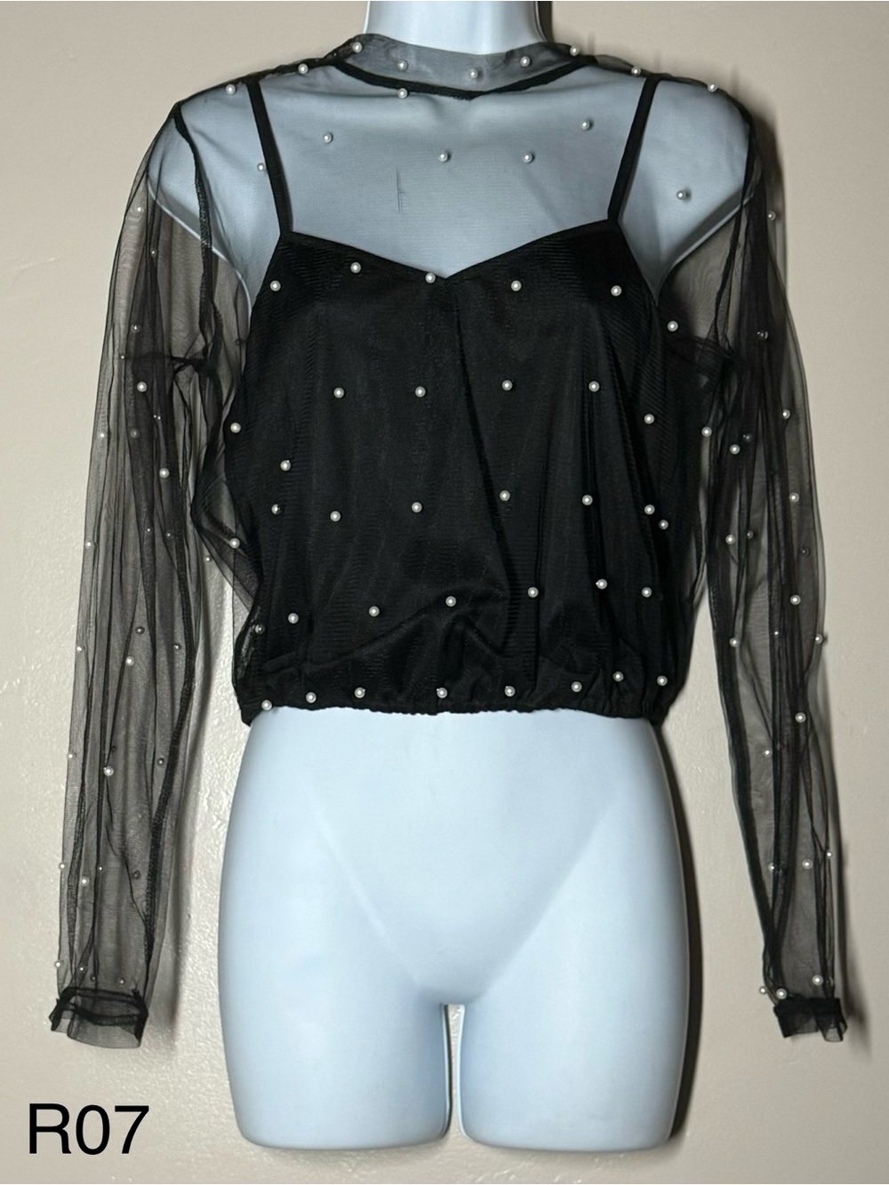 Black Pearl-Embellished Sheer Long-Sleeve Crop Top with Scrunch Waste